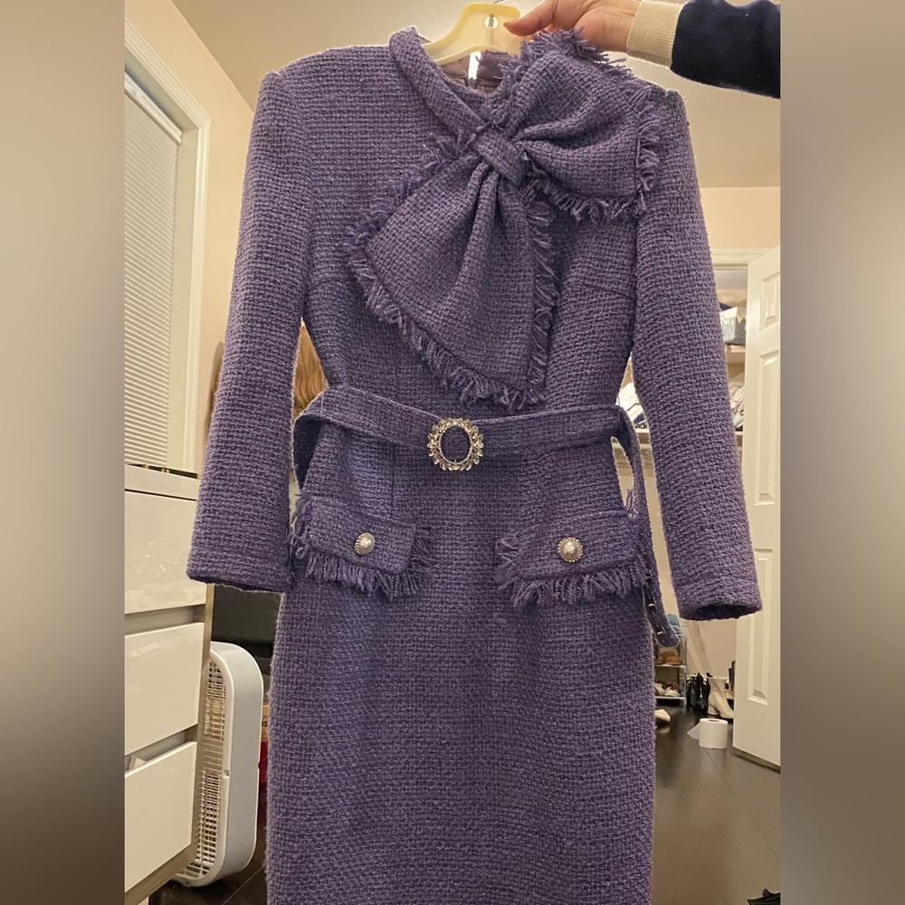 Elegant Purple Tweed Dress with Belt